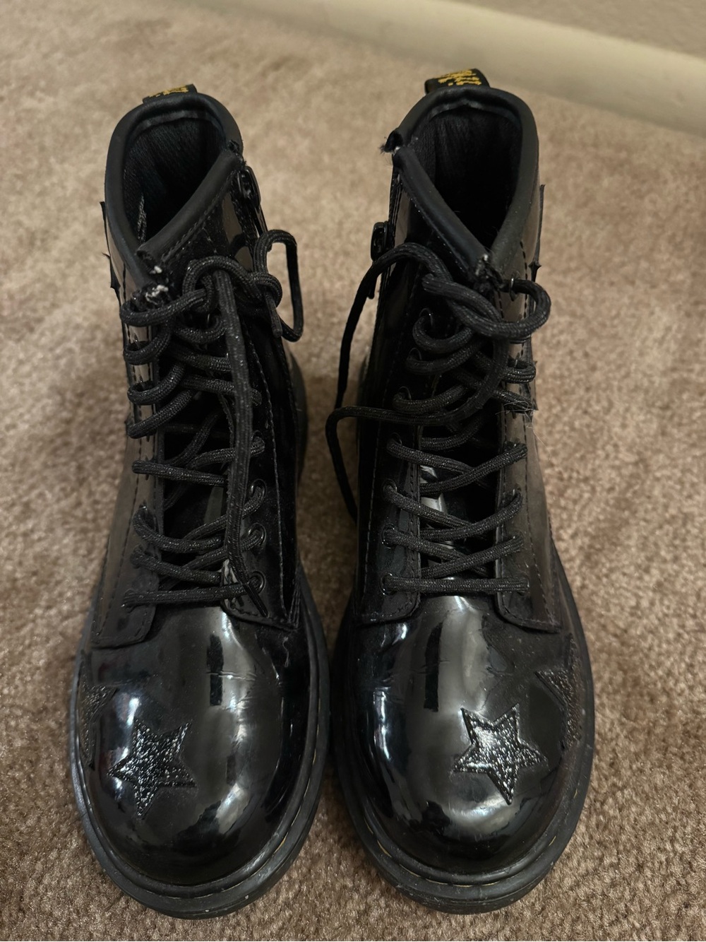 Dr. Martens Black Patent Lace-Up Kids' Boots with Star Accent